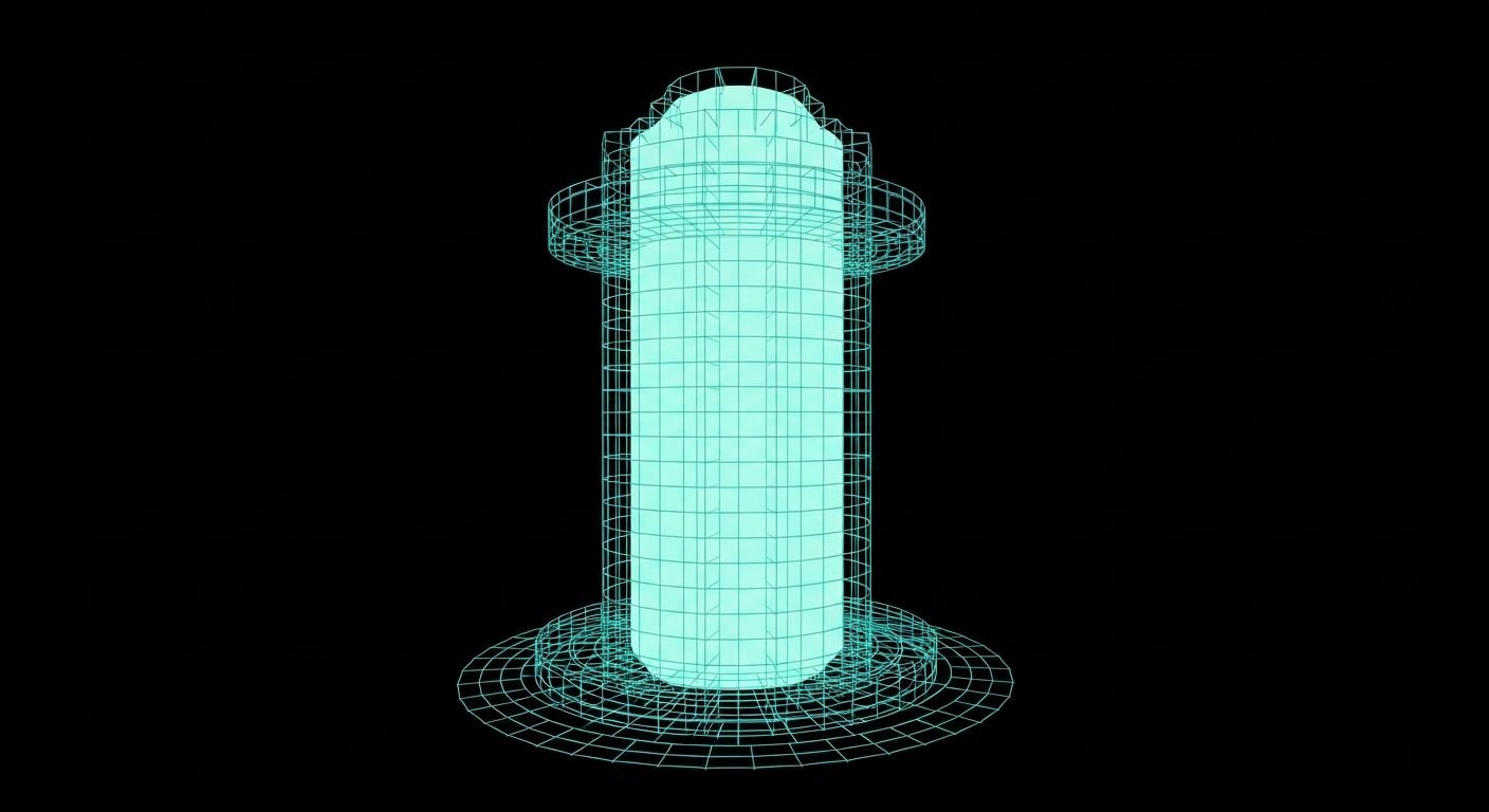 A monumental crystalline column of mint-cyan light surrounded by concentric protective rings, representing enterprise-grade isolated memory architecture under defense-in-depth controls.