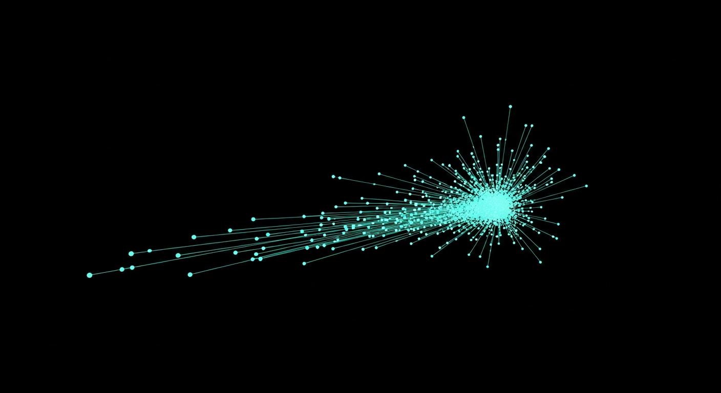 A dense cluster of glowing mint-cyan nodes bursting outward in trajectory lines, representing rapid startup velocity and momentum from a small team.