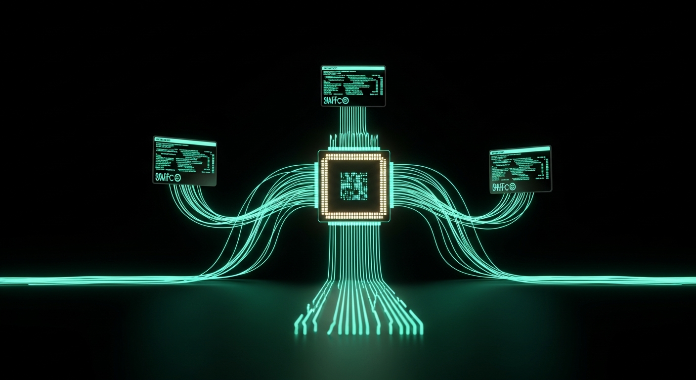 A central glowing memory core connected by mint-cyan data streams to three terminal-style agent windows, representing a new engineer's IDE drawing on shared codebase memory from day one.