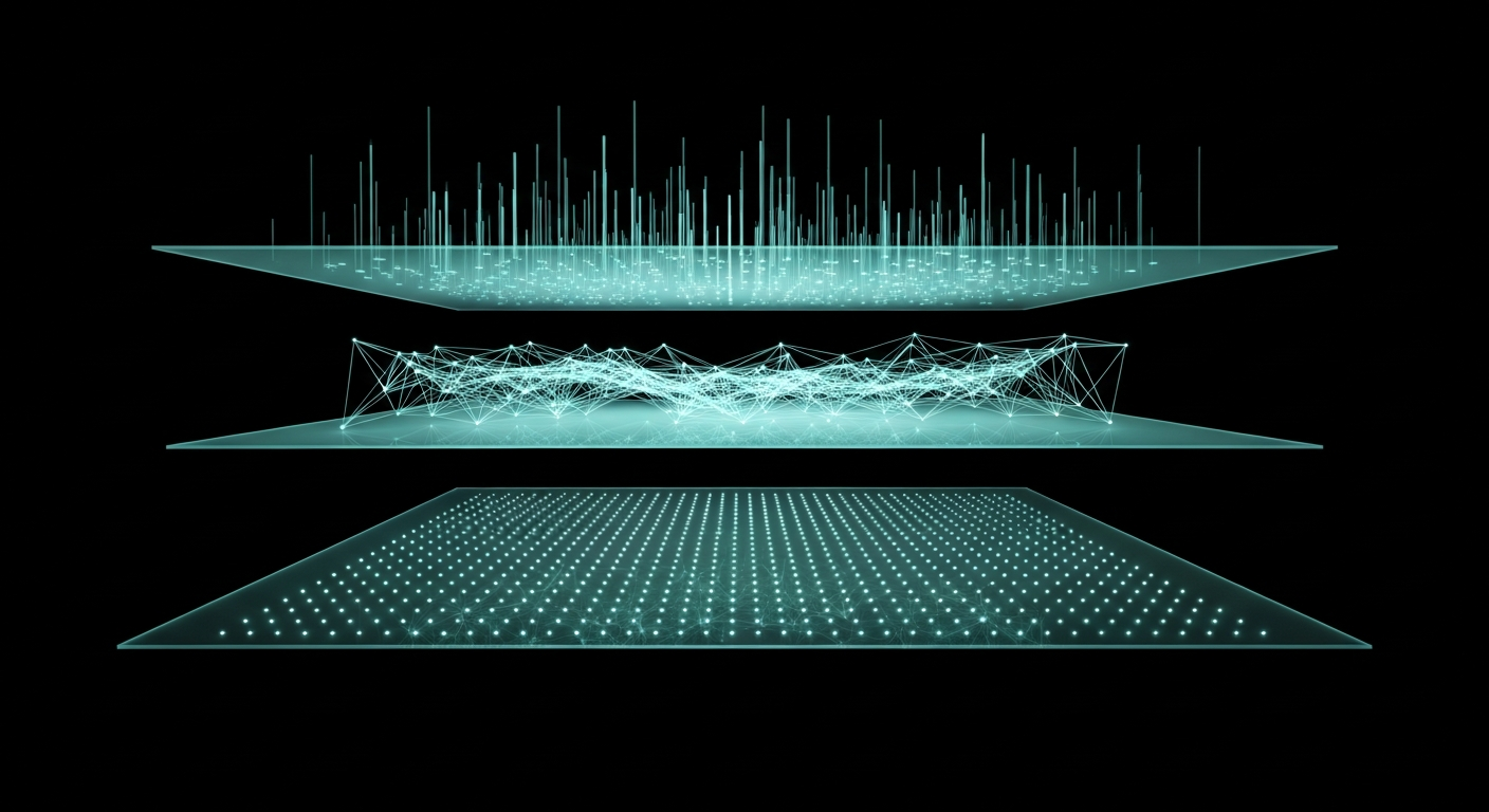 Three stacked translucent memory planes representing episodic, semantic, and procedural memory layers, glowing mint cyan against a dark background.
