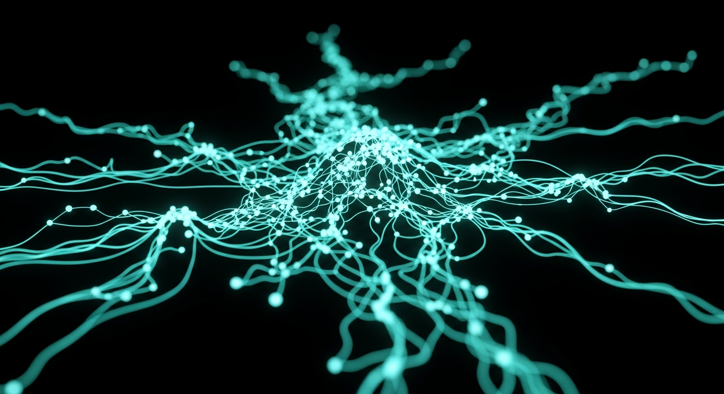 A dense, neuron-like graph of glowing mint-cyan nodes and threads, representing accumulated team decisions, ADRs, and conventions as a queryable network.